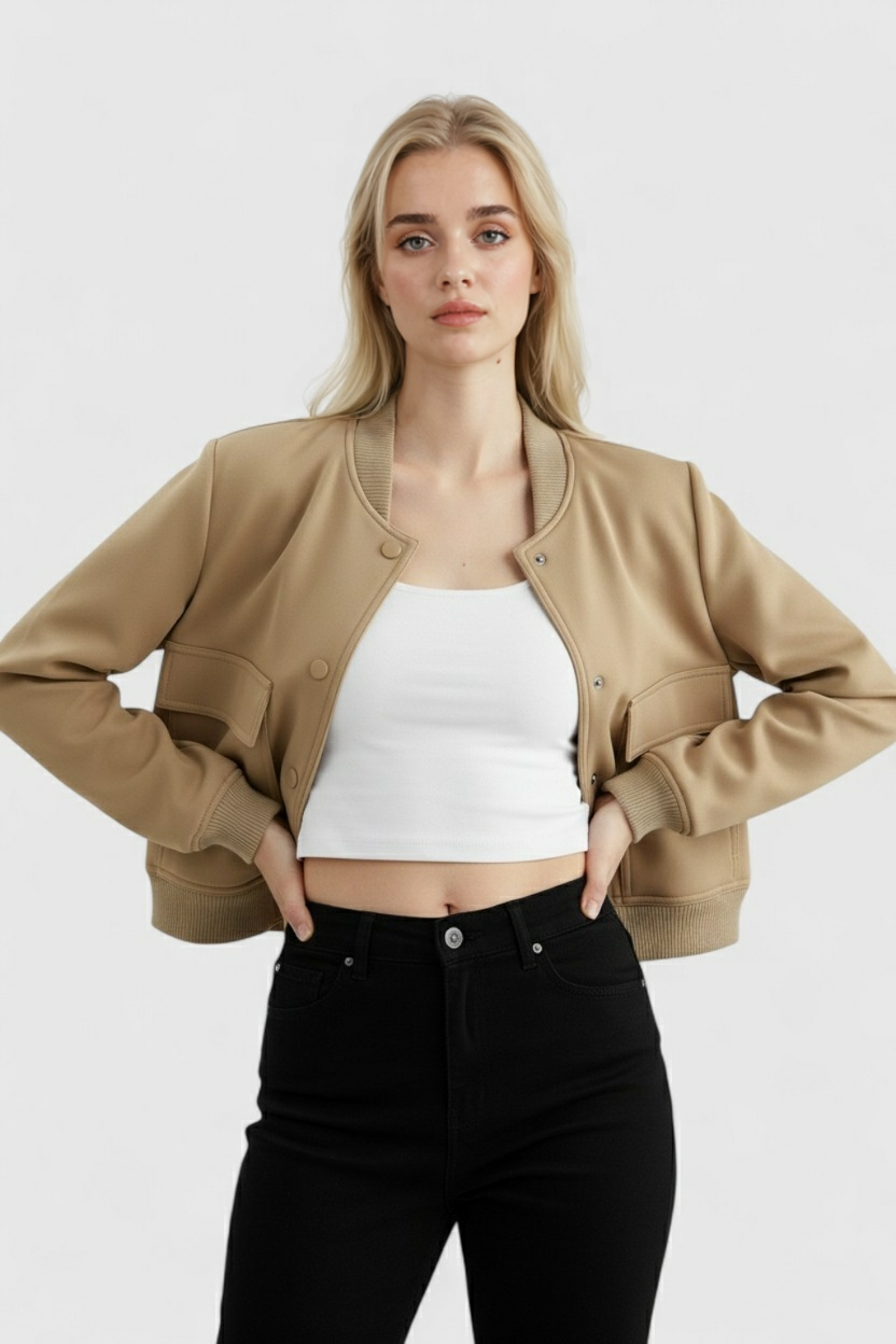 Victoria | Elegant Khaki Bomber Jacket with Loose Fit - Lumina