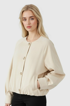 Victoria | Elegant Khaki Short Jacket with O-Neck & Long Sleeves - Lumina