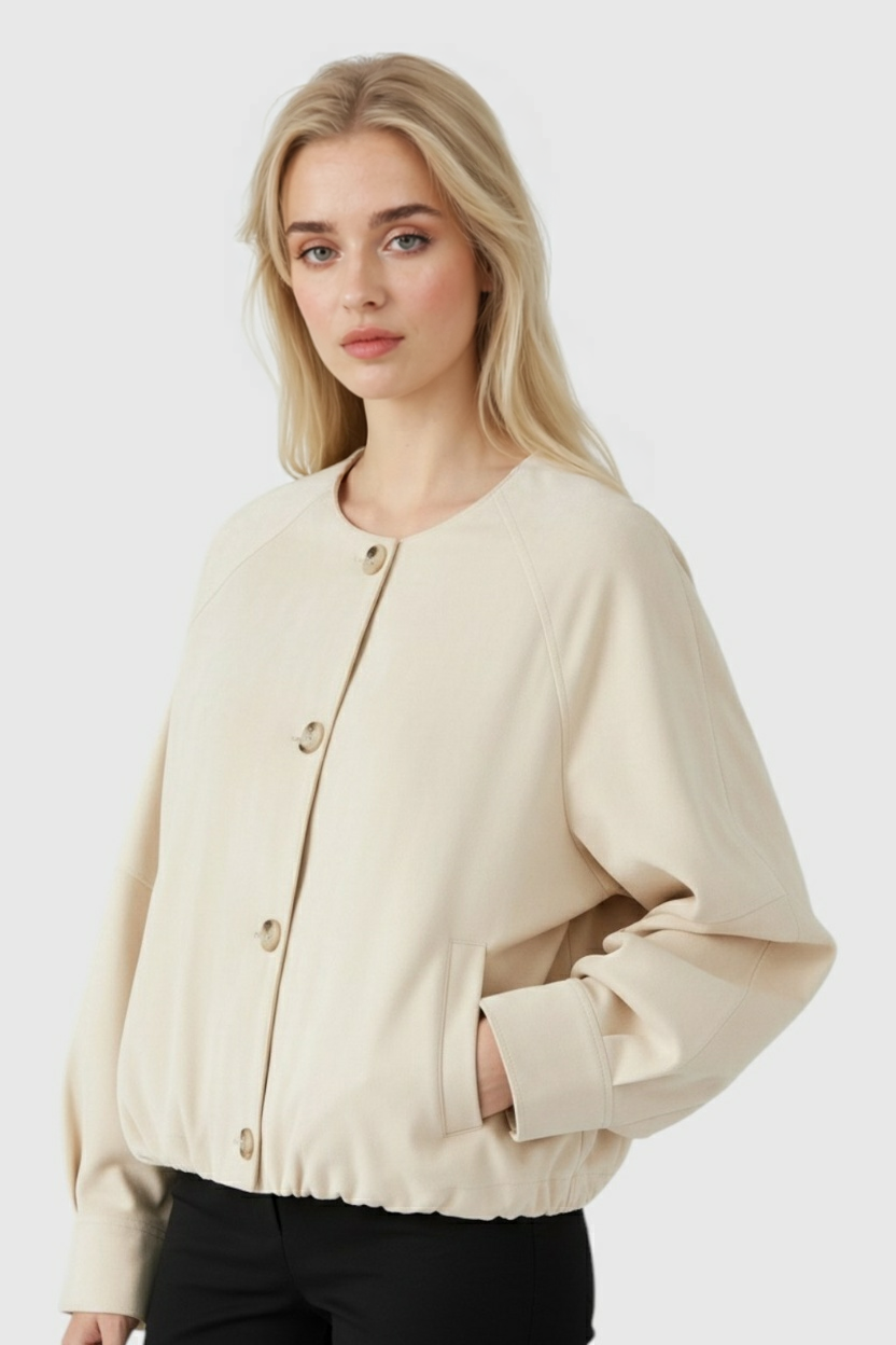 Victoria | Elegant Khaki Short Jacket with O-Neck & Long Sleeves - Lumina