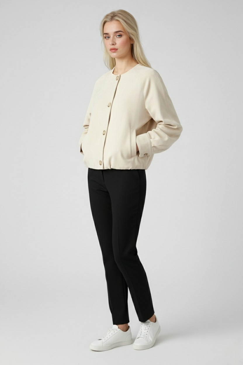 Victoria | Elegant Khaki Short Jacket with O-Neck & Long Sleeves - Lumina
