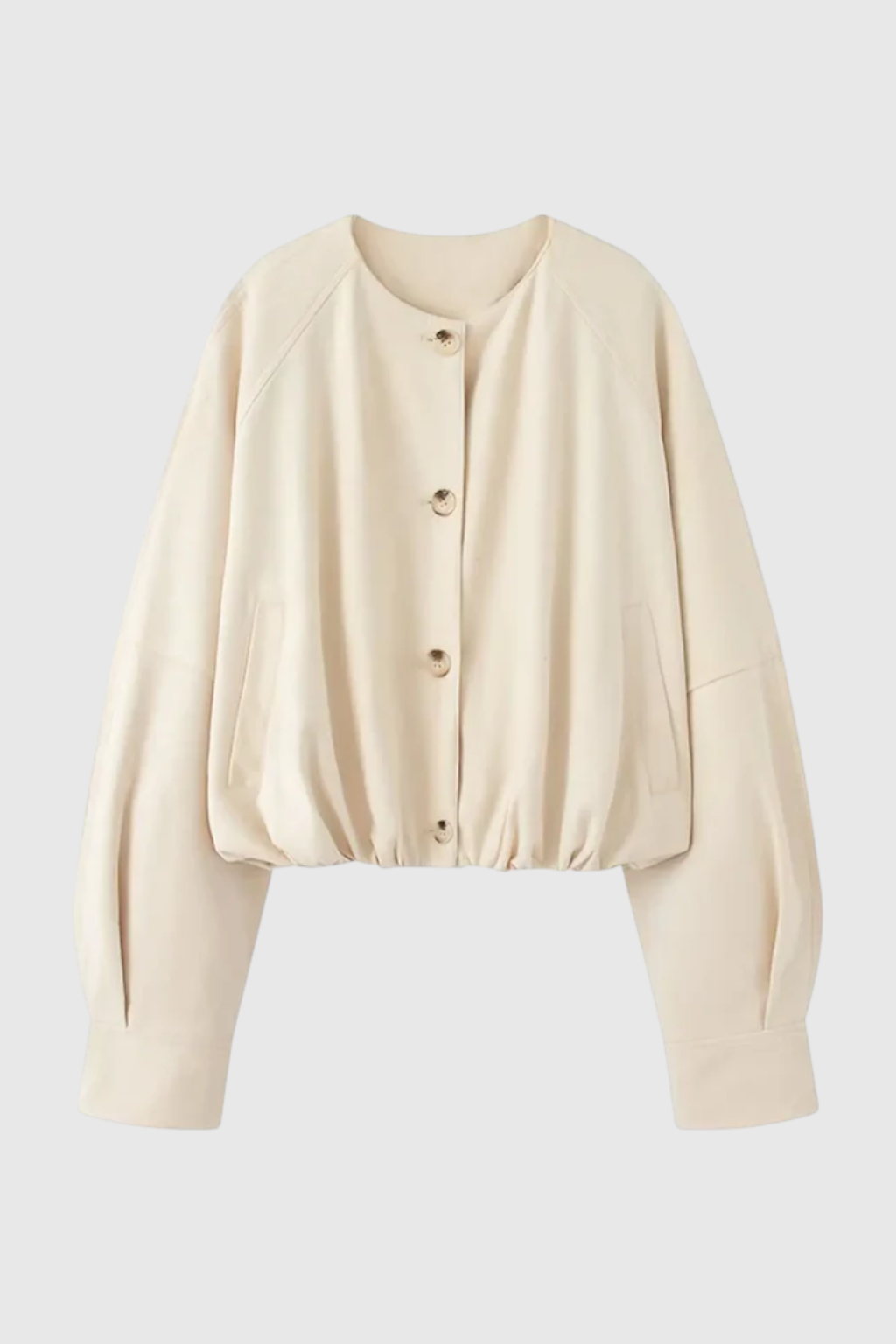 Victoria | Elegant Khaki Short Jacket with O-Neck & Long Sleeves - Lumina