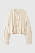 Victoria | Elegant Khaki Short Jacket with O-Neck & Long Sleeves - Lumina