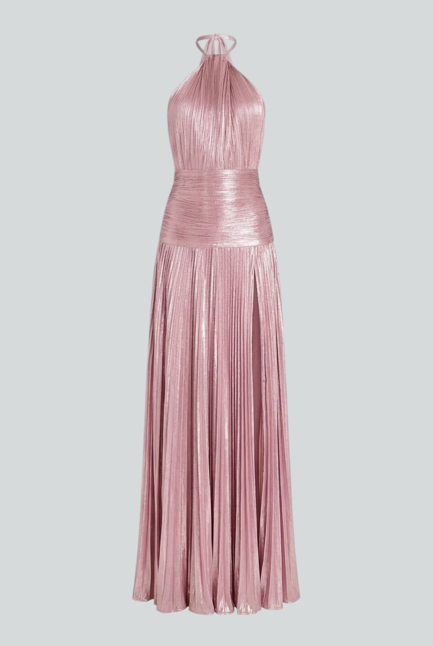 Victoria | Elegant Metallic Pink Dress with Versatile Cut - Lumina