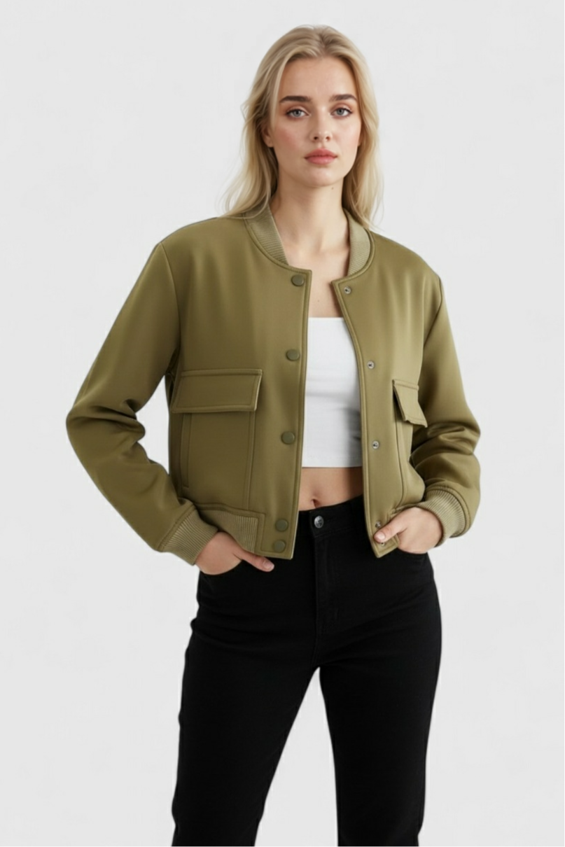 Victoria | Elegant Military Green Bomber Jacket with Comfortable Fit - Lumina