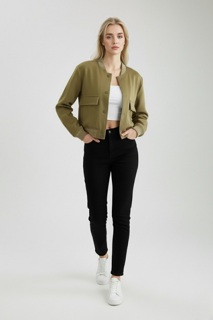 Victoria | Elegant Military Green Bomber Jacket with Comfortable Fit - Lumina