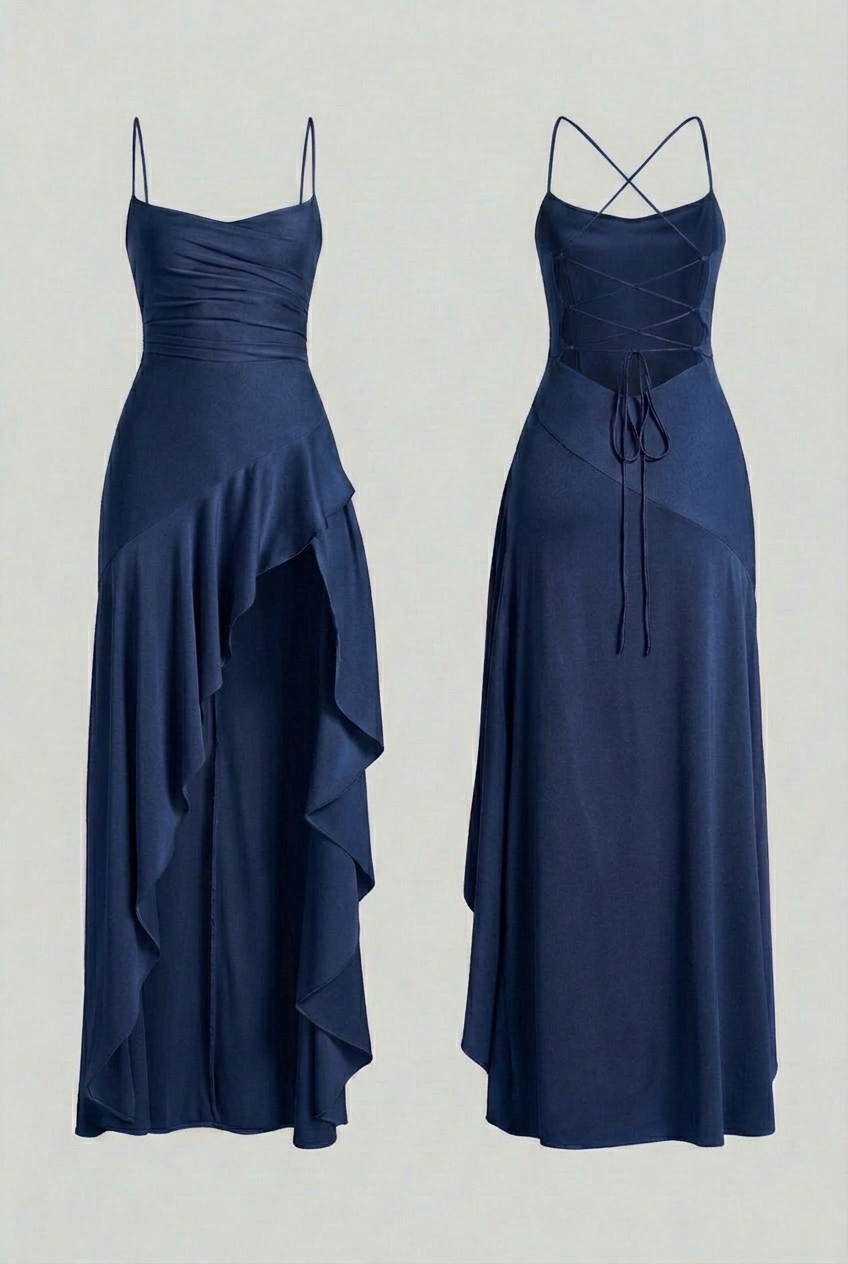 Victoria | Elegant Navy Dress with Lace-Up Back - Lumina