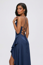 Victoria | Elegant Navy Dress with Lace-Up Back - Lumina