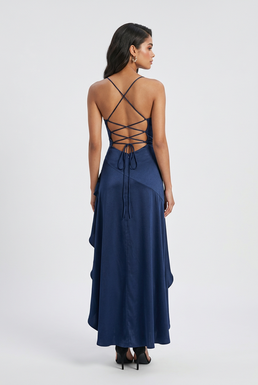 Victoria | Elegant Navy Dress with Lace-Up Back - Lumina