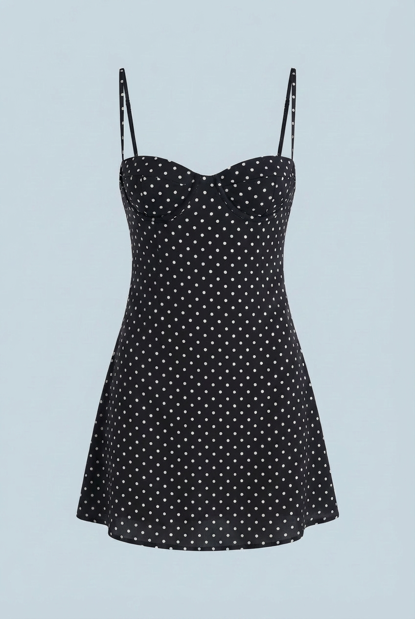 Victoria | Elegant Open-Back Polka Dot Mini Dress with Frill Hem - Lumina