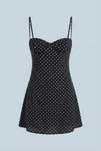 Victoria | Elegant Open-Back Polka Dot Mini Dress with Frill Hem - Lumina