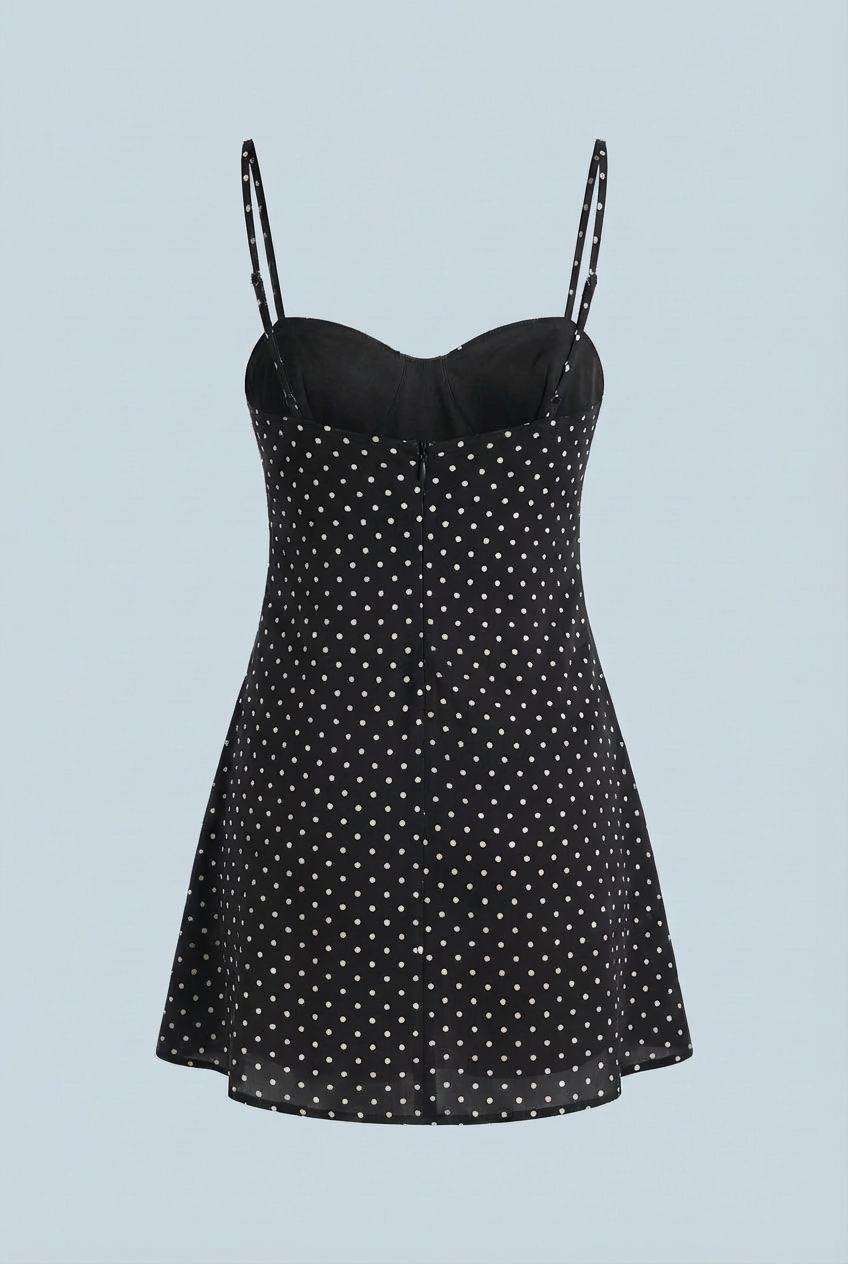 Victoria | Elegant Open-Back Polka Dot Mini Dress with Frill Hem - Lumina