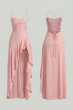 Victoria | Elegant Pink Asymmetric Hem Dress with Flowy Design - Lumina