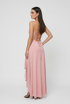 Victoria | Elegant Pink Asymmetric Hem Dress with Flowy Design - Lumina