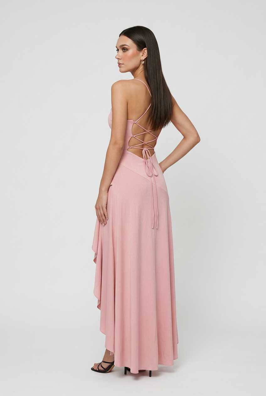 Victoria | Elegant Pink Asymmetric Hem Dress with Flowy Design - Lumina