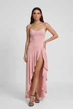 Victoria | Elegant Pink Asymmetric Hem Dress with Flowy Design - Lumina