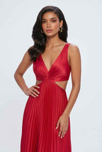 Victoria | Elegant Red Pleated Midi Dress with Flattering Fit - Lumina