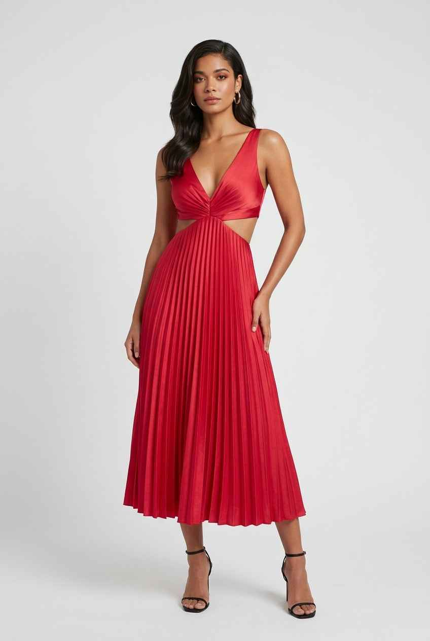 Victoria | Elegant Red Pleated Midi Dress with Flattering Fit - Lumina