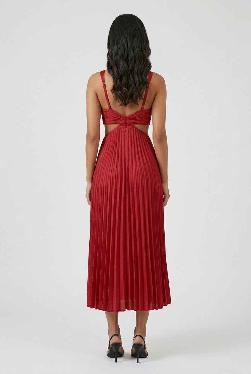 Victoria | Elegant Red Pleated Midi Dress with Flattering Fit - Lumina