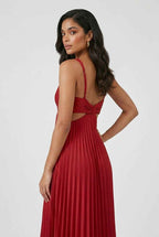 Victoria | Elegant Red Pleated Midi Dress with Flattering Fit - Lumina