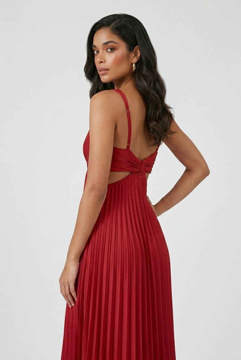 Victoria | Elegant Red Pleated Midi Dress with Flattering Fit - Lumina