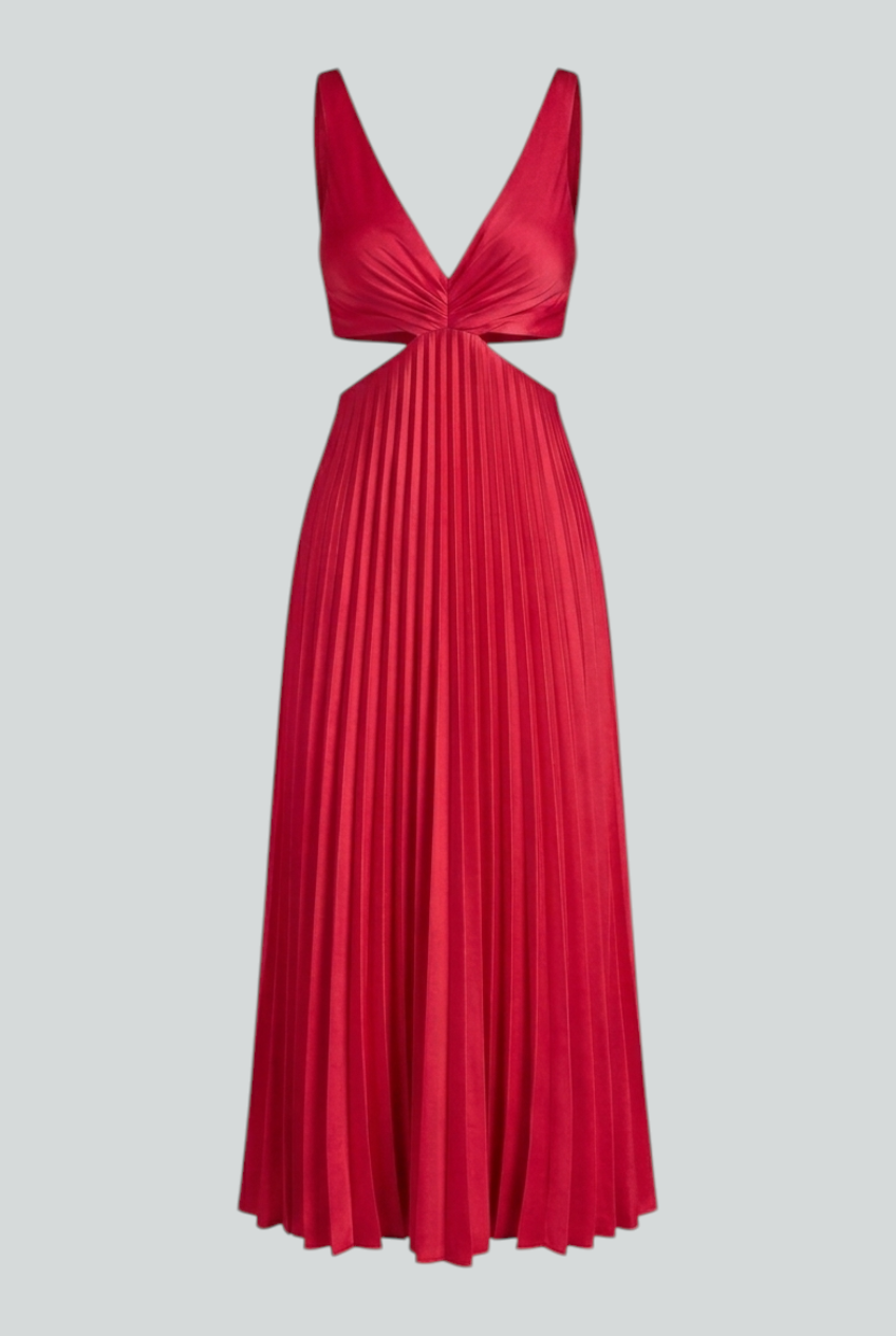 Victoria | Elegant Red Pleated Midi Dress with Flattering Fit - Lumina