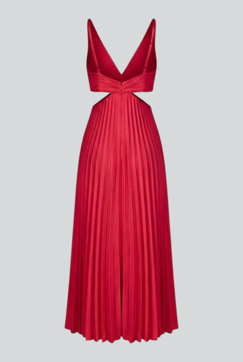 Victoria | Elegant Red Pleated Midi Dress with Flattering Fit - Lumina
