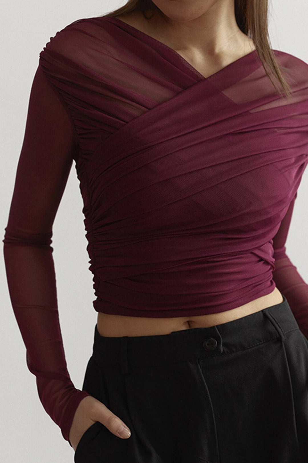 Victoria | Elegant Ruched Mesh Top with Long Sleeves - Lumina