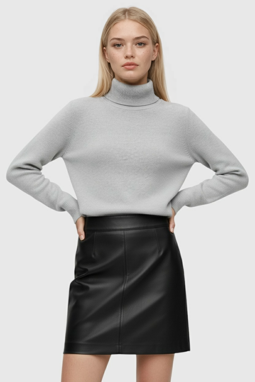 Victoria | Elegant Slim Fit Gray Turtleneck Sweater with Velvety Texture - Lumina