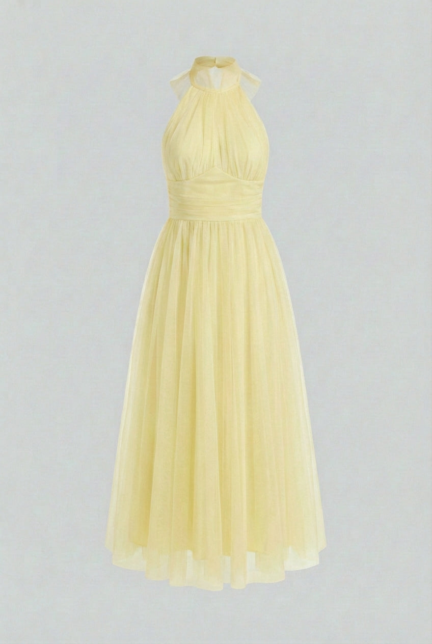 Victoria | Elegant Yellow Midi Dress with High Neck Design - Lumina
