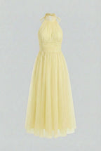 Victoria | Elegant Yellow Midi Dress with High Neck Design - Lumina
