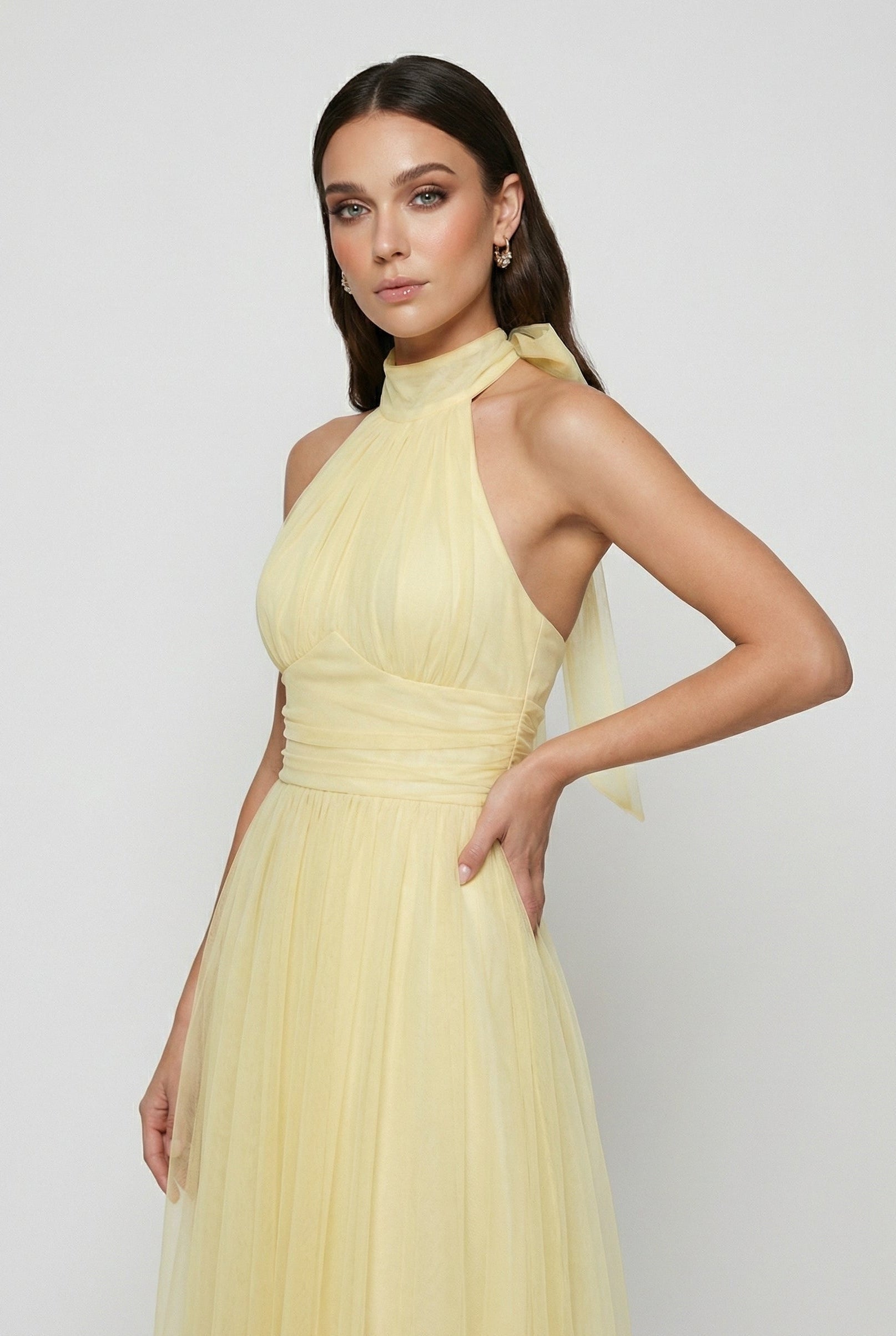 Victoria | Elegant Yellow Midi Dress with High Neck Design - Lumina