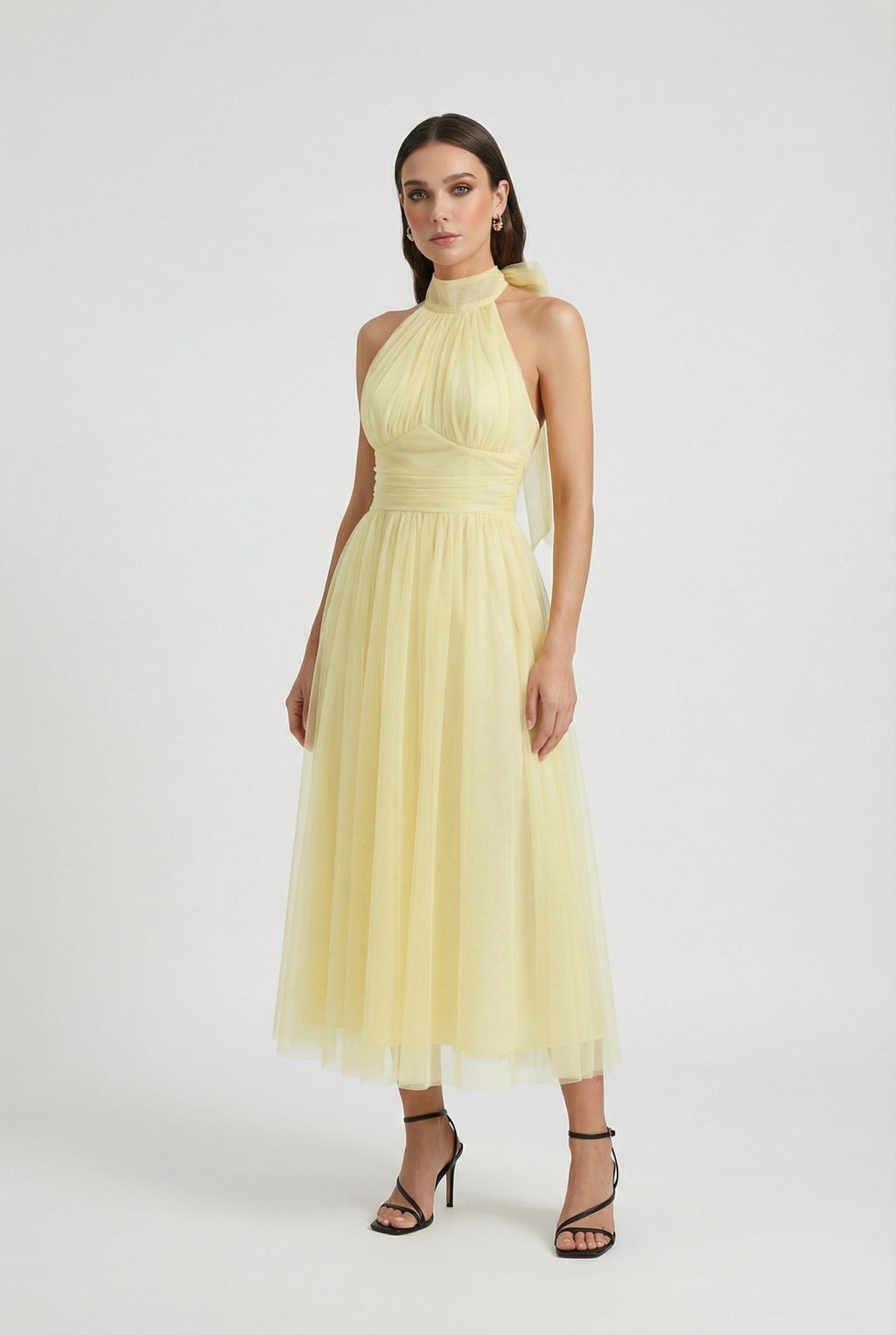 Victoria | Elegant Yellow Midi Dress with High Neck Design - Lumina