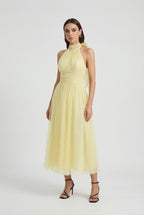 Victoria | Elegant Yellow Midi Dress with High Neck Design - Lumina