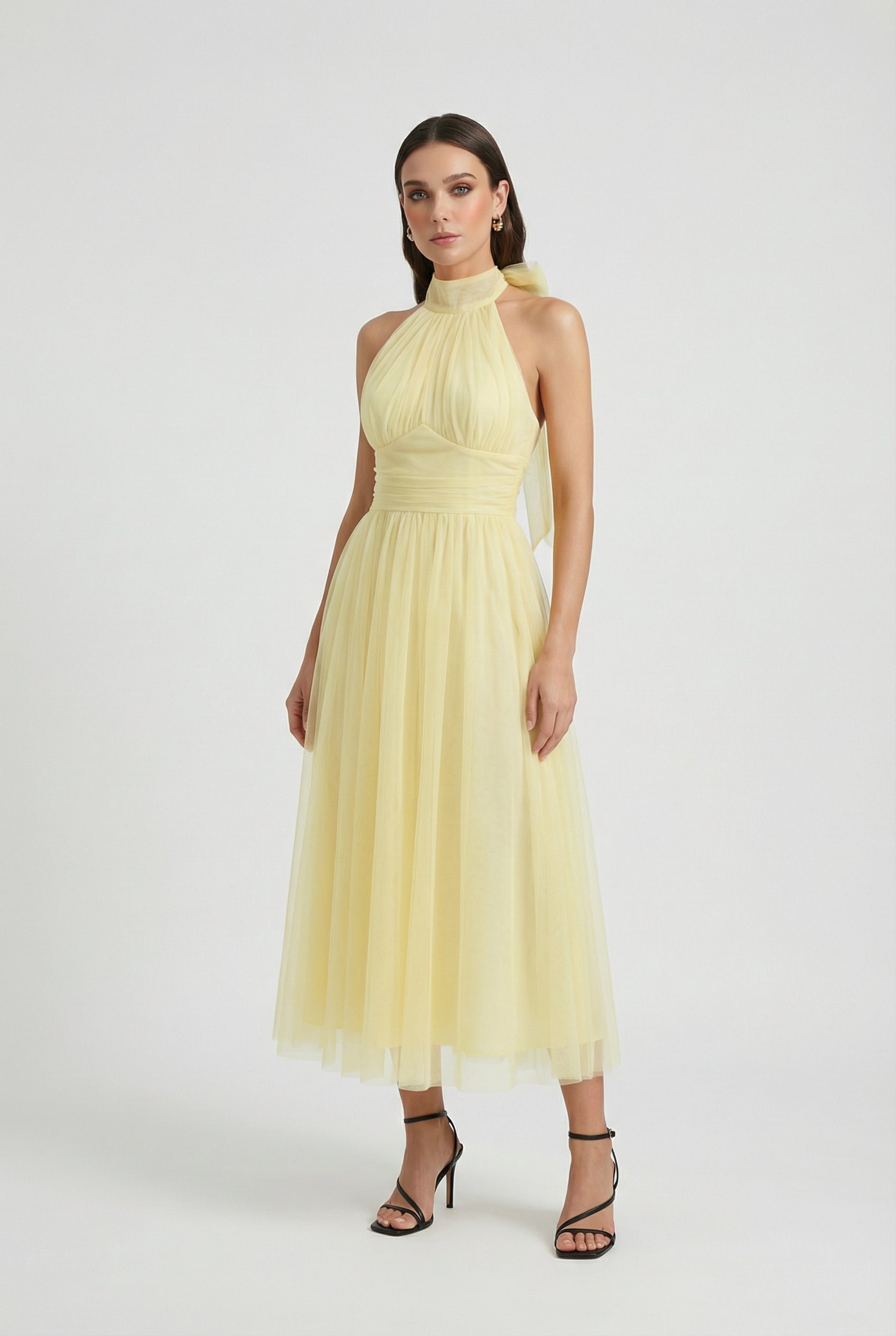 Victoria | Elegant Yellow Midi Dress with High Neck Design - Lumina