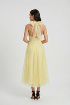Victoria | Elegant Yellow Midi Dress with High Neck Design - Lumina