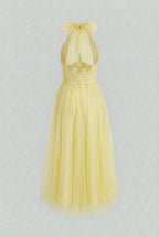 Victoria | Elegant Yellow Midi Dress with High Neck Design - Lumina