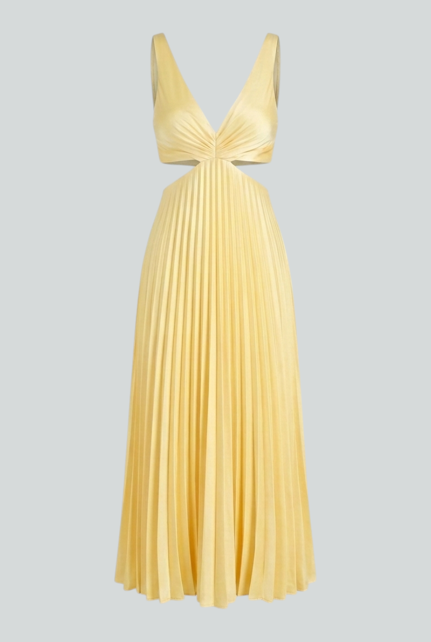 Victoria | Flowing Yellow Pleated Dress with Elegant Silhouette - Lumina