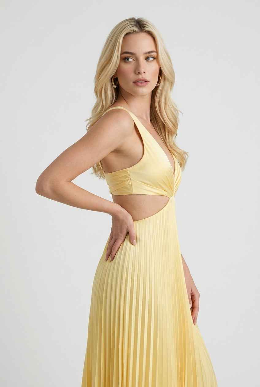 Victoria | Flowing Yellow Pleated Dress with Elegant Silhouette - Lumina