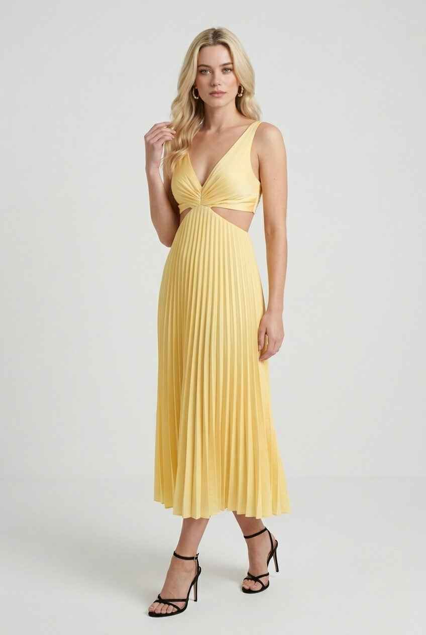 Victoria | Flowing Yellow Pleated Dress with Elegant Silhouette - Lumina