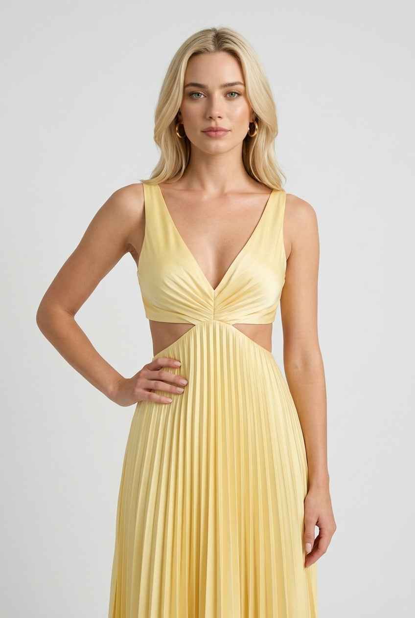 Victoria | Flowing Yellow Pleated Dress with Elegant Silhouette - Lumina