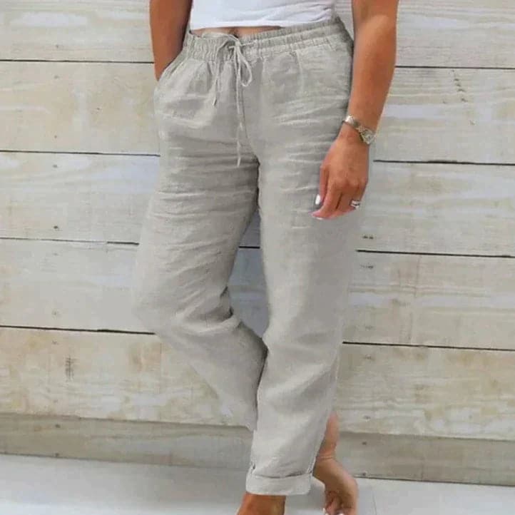 Victoria | Lightweight Beige Summer Trousers with Elastic Waist - Lumina