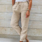 Victoria | Lightweight Beige Summer Trousers with Elastic Waist - Lumina