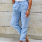 Victoria | Lightweight Beige Summer Trousers with Elastic Waist - Lumina