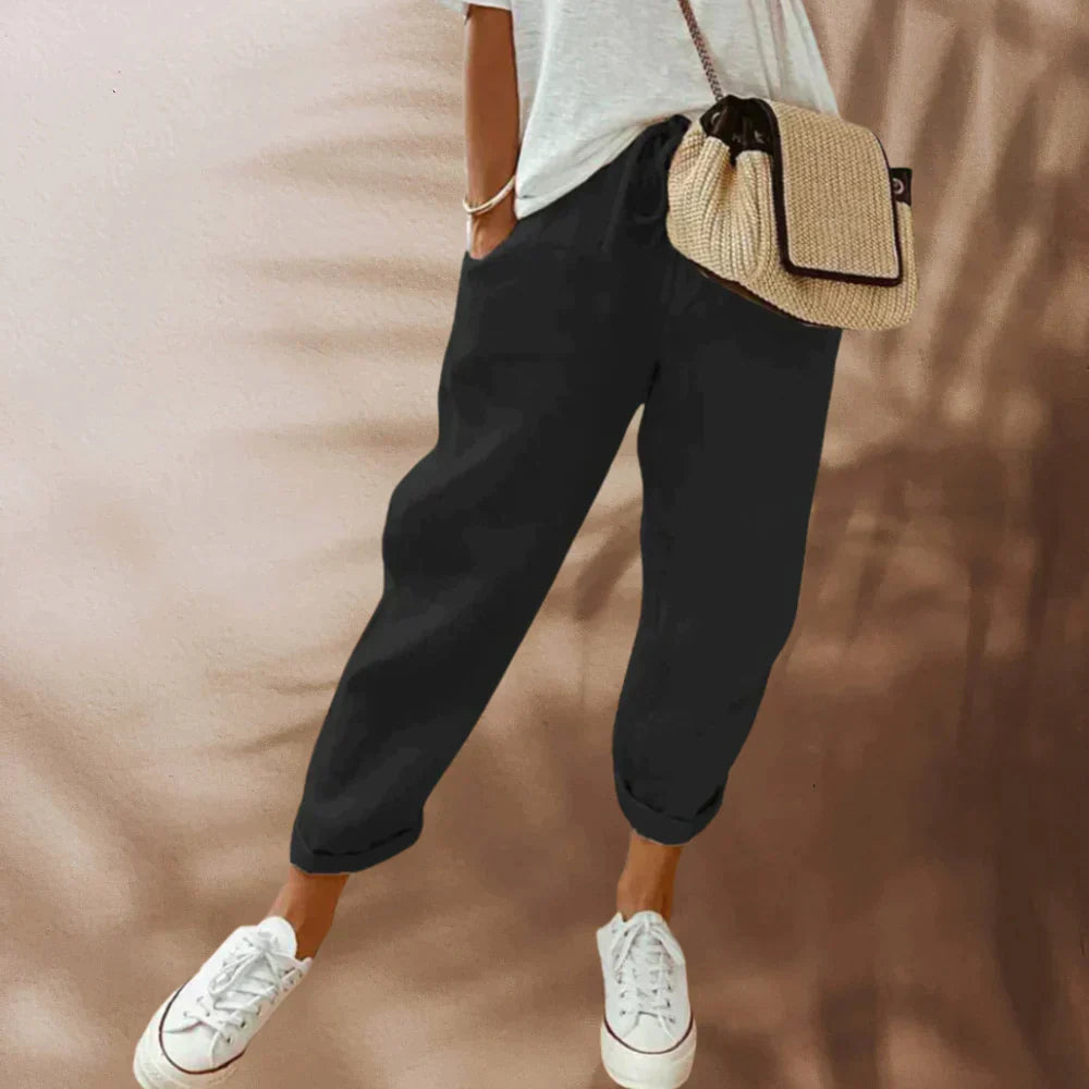 Victoria | Lightweight Black Casual Pants with Elastic Waist - Lumina
