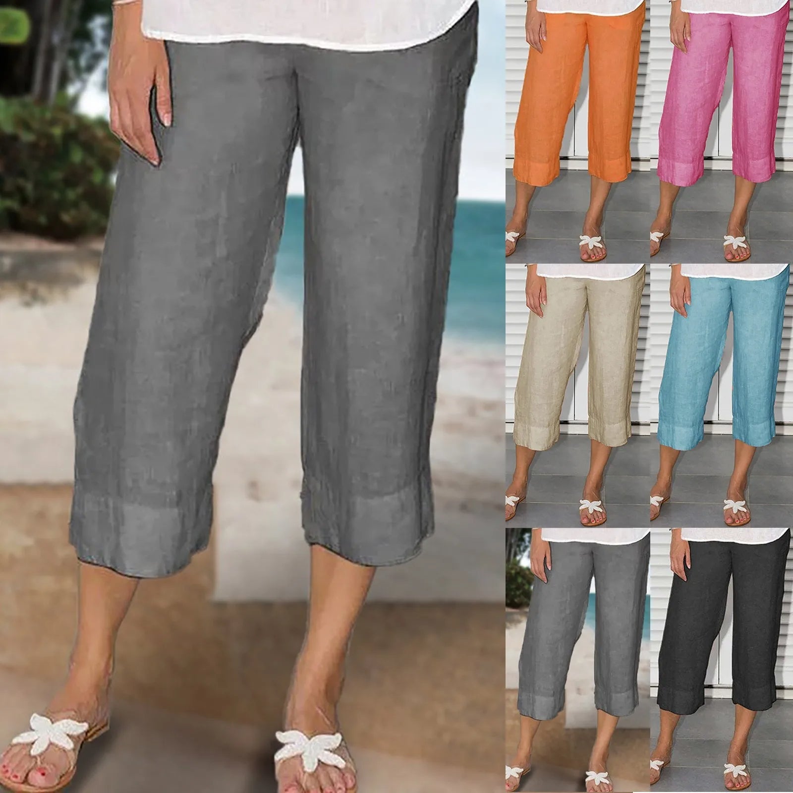 Victoria | Relaxed Beige Linen Trousers with Drawcord - Lumina