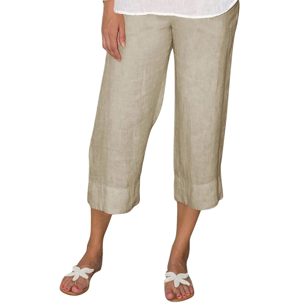 Victoria | Relaxed Beige Linen Trousers with Drawcord - Lumina