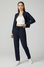 Victoria | Relaxed Fit Dark Blue Sweatpants and Sweatshirt Set with Zipper Accents - Lumina