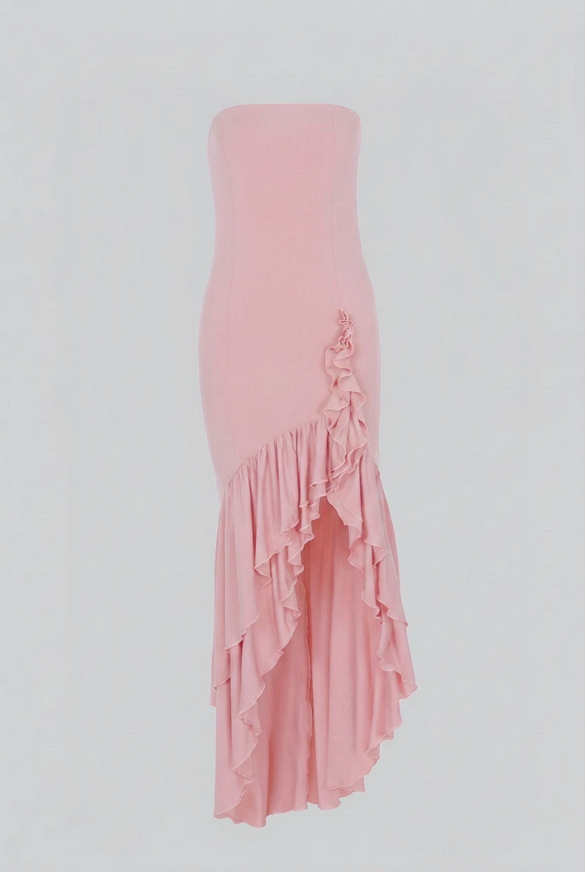 Victoria | Romantic Pink Evening Dress with Ruffle Detail - Lumina