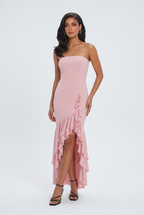 Victoria | Romantic Pink Evening Dress with Ruffle Detail - Lumina