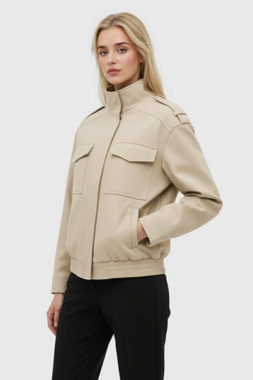Victoria | Stylish Beige Bomber Jacket with Stand Collar - Lumina